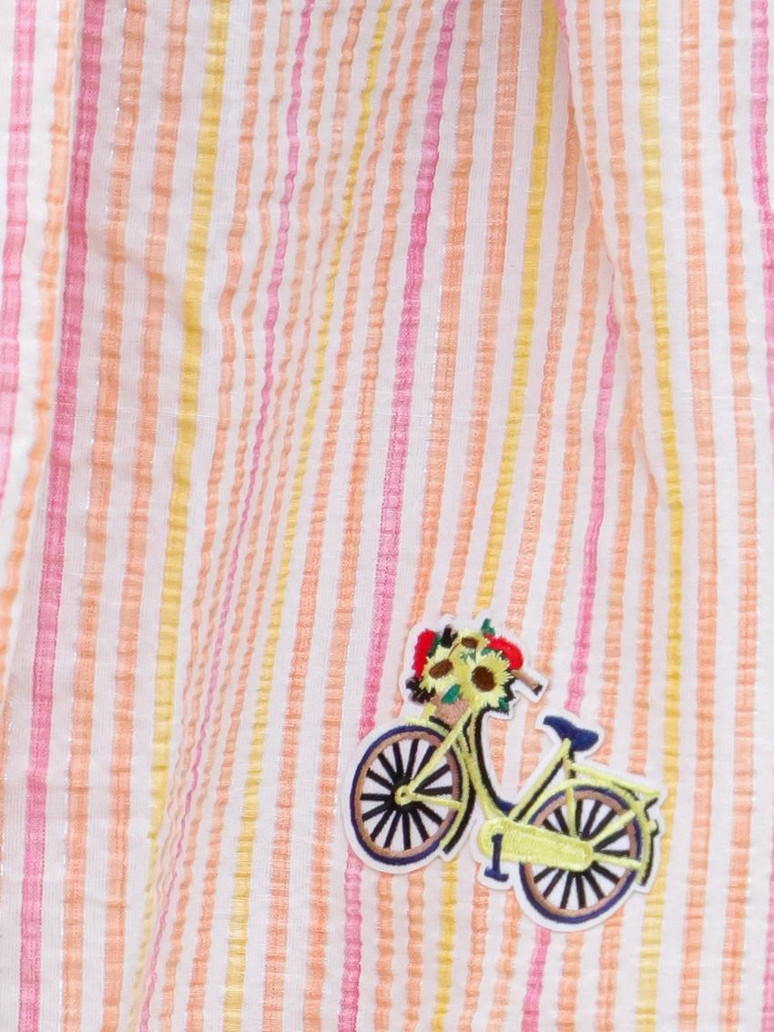 Cuddly Cubs Girls Multicolor Striped Flutter Sleeve Dress with Bicycle Patch