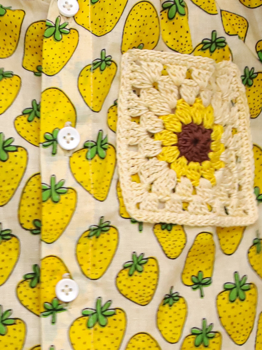 Cuddly Cubs Boys Yellow Strawberry Print Cotton Shirt with Handcrafted Crochet Sunflower Patch