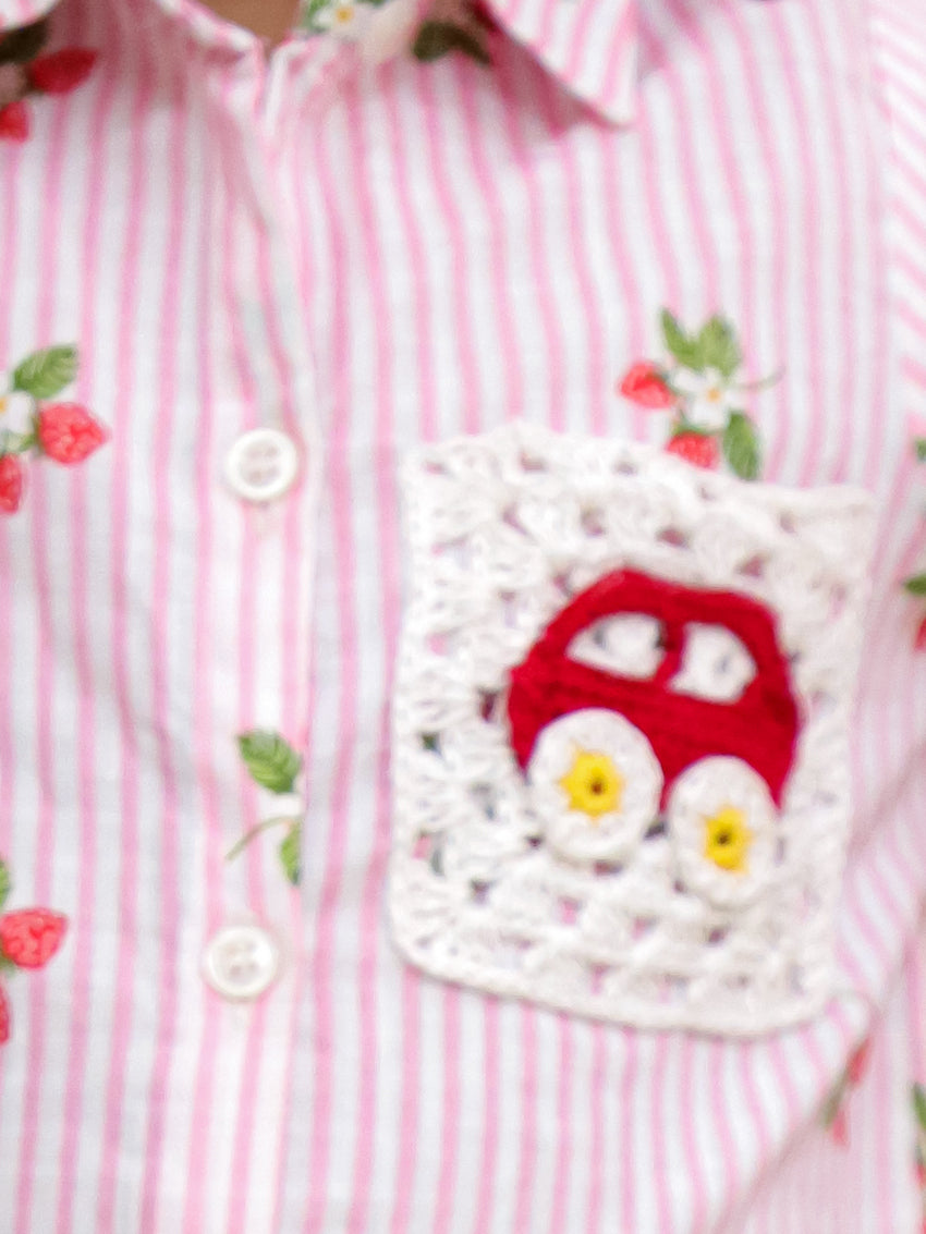 Cuddly Cubs Unisex Pink Striped Cotton Shirt with Handcrafted Crochet Car Patch