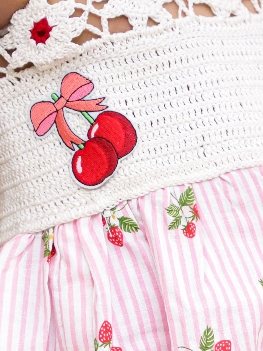 Cuddly Cubs Girls Pink Striped Dress with Handcrafted Crochet Bodice and Cherries