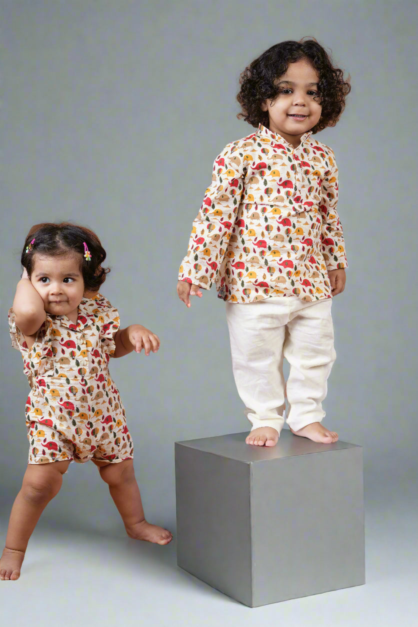 Snuggle Safari Twinning Set| Kurta Set for Boys & Jumpsuit for Girls