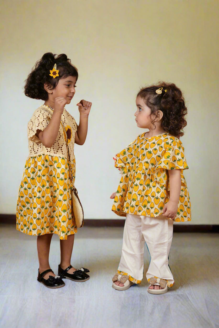 Sunshine Sisters Twinning Set| Co-ord Set & Frock for Girls
