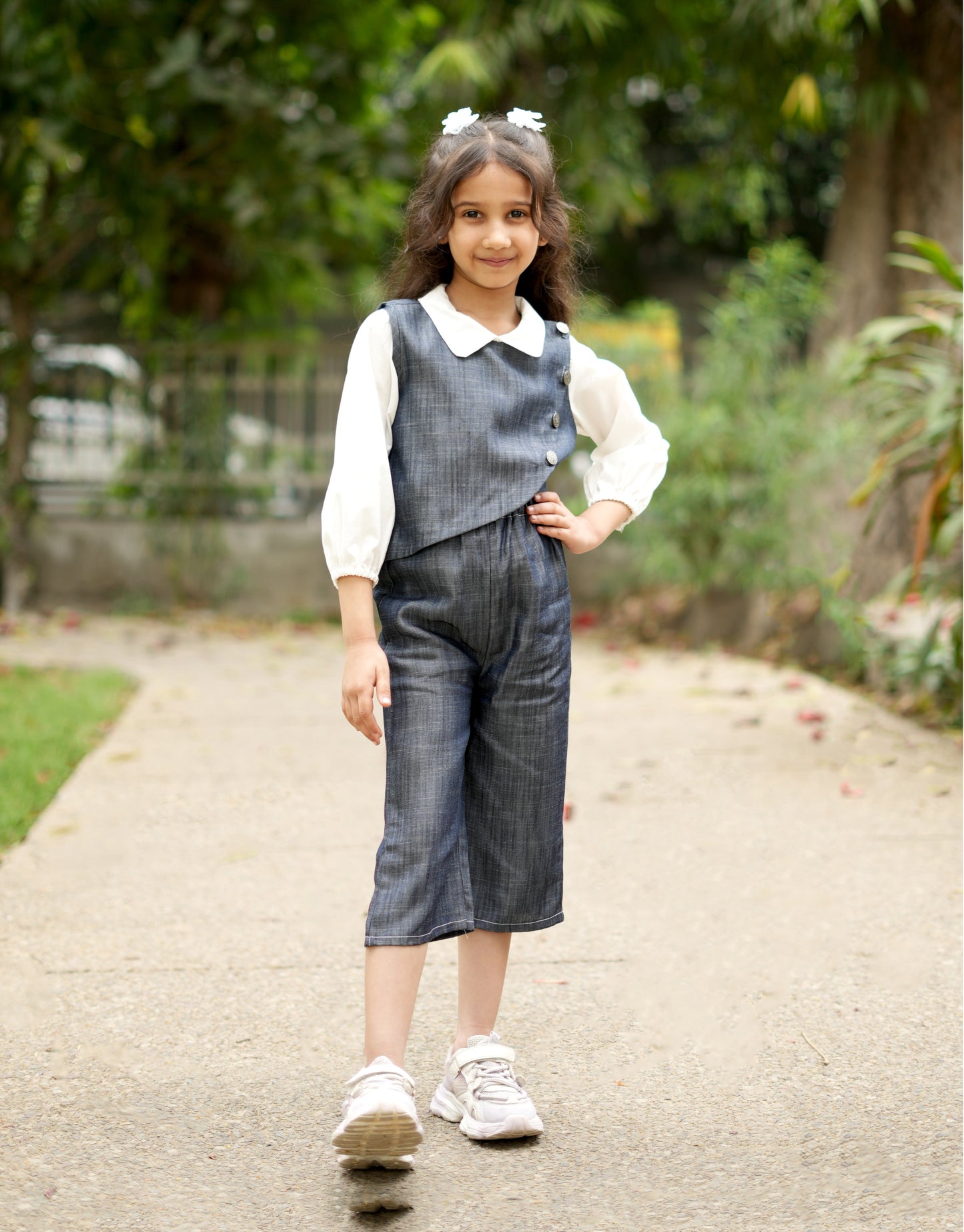 Cuddly Cubs Midnight Bloom Cotton Denim Co-ord Set with White Collared Top