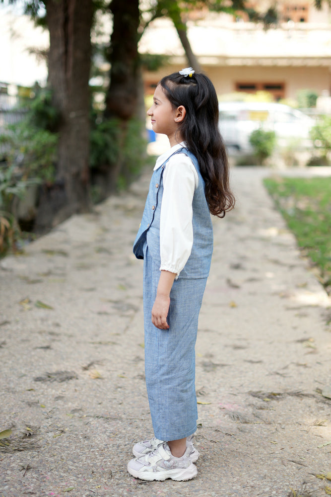 Cuddly Cubs Indigo Blossom Denim Co-ord Set with White Collared Top