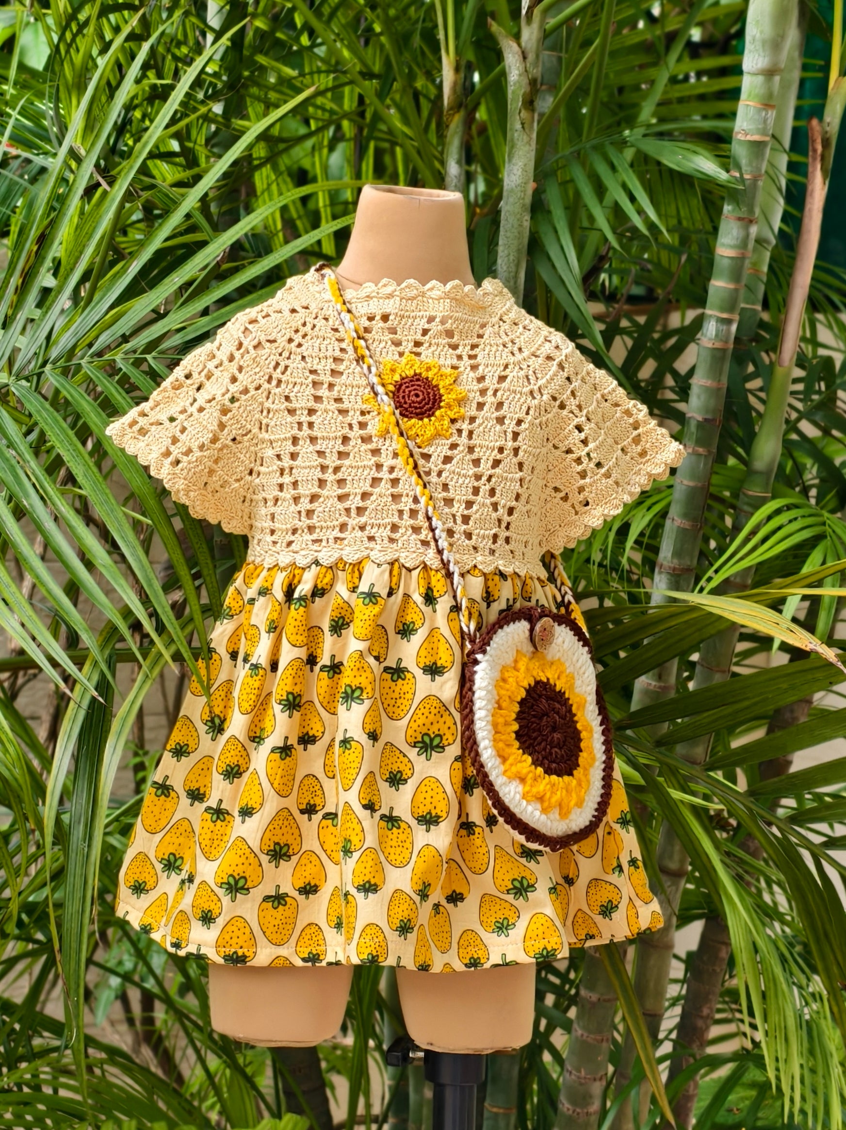 sunflower crochet dress Summer Crochet Sunflower Girl Dress with Headscarf 2