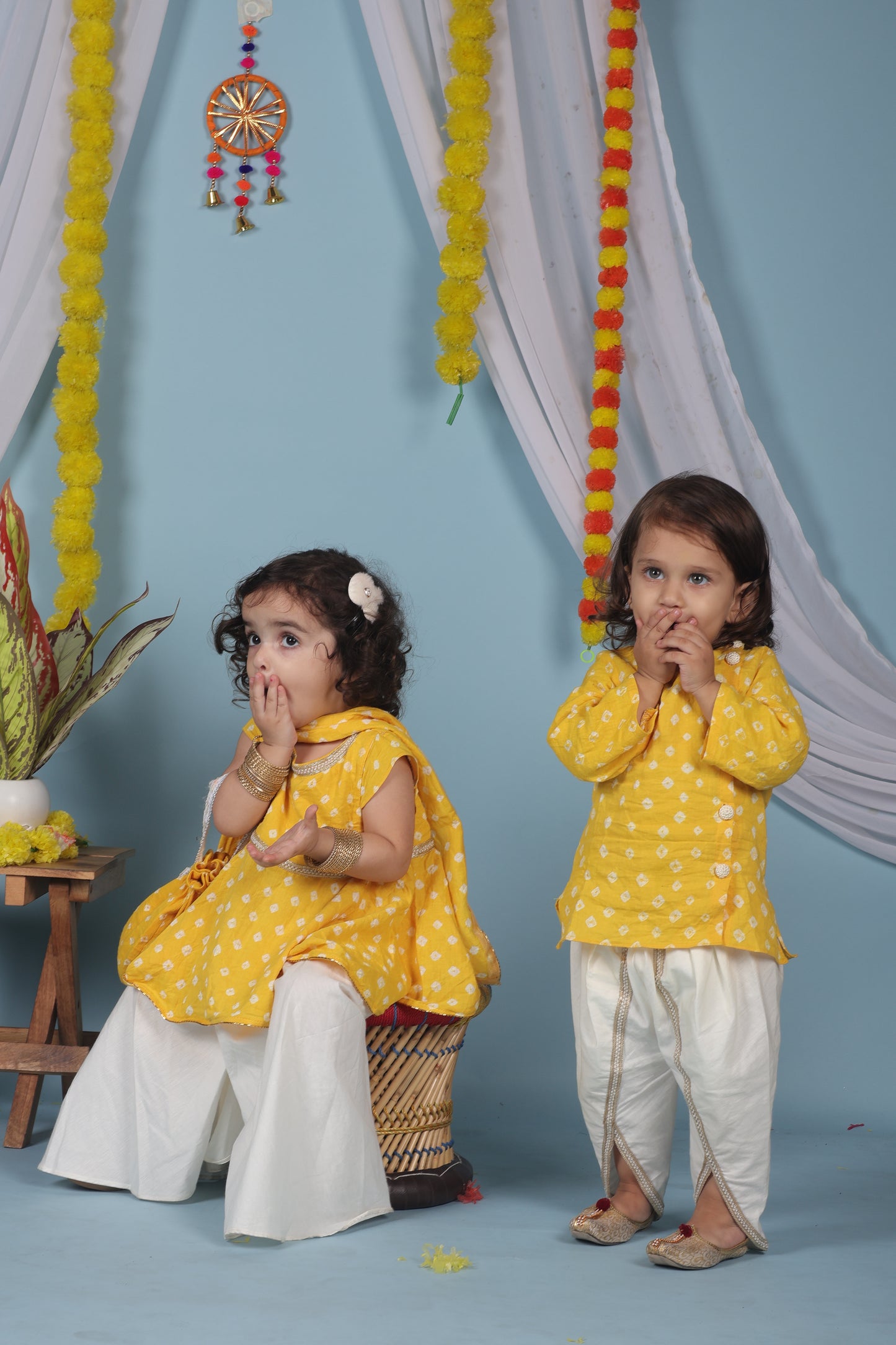 Golden Glow Twinning Set| Kurta Dhoti for Boys & Sharara set for Girls
