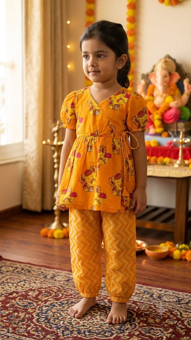 Cuddly Cubs Girls Ganesha Print Angrakha Kurti with Chevron Harem Pants Set