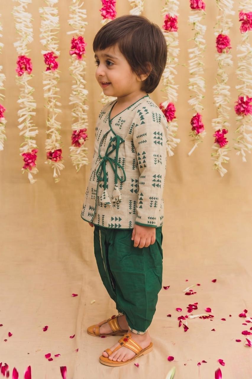 Cuddly Cubs Boys Emerald & Beige Angrakha Dhoti Set