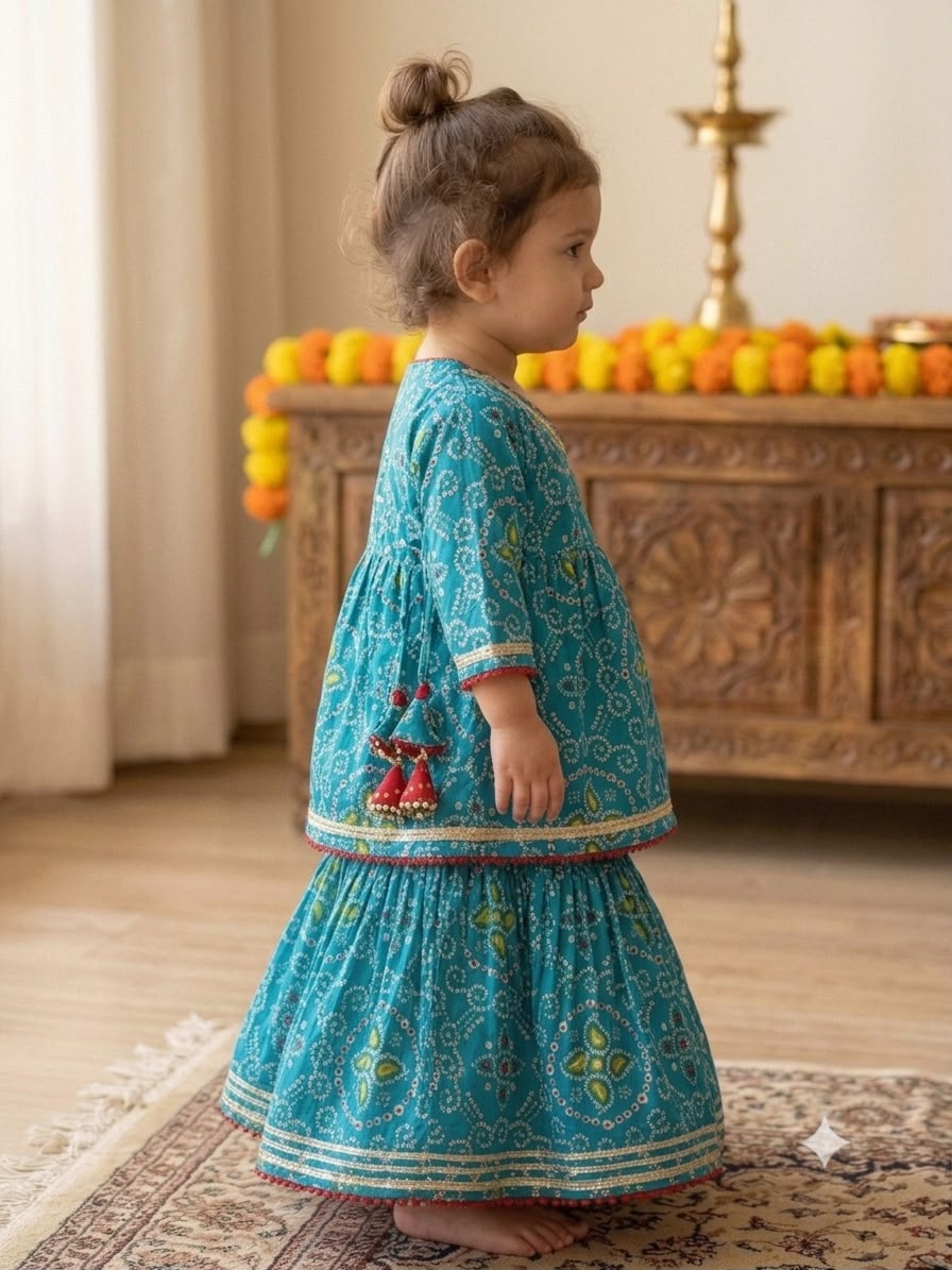 Cuddly Cubs Girls Teal Blue Bandhani Angrakha Skirt Set