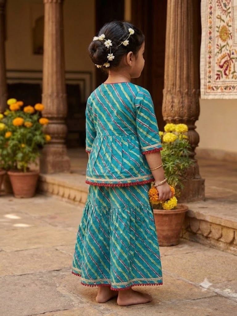 Cuddly Cubs Girls Blue Leheriya Angrakha Skirt Set