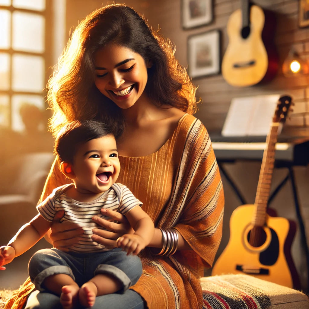 Modern Indian Mom playing with toddler with musical instrument around