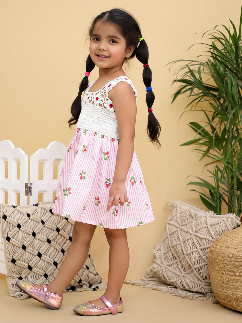 Cuddly Cubs Girls Pink Striped Dress with Handcrafted Crochet Bodice and Cherries