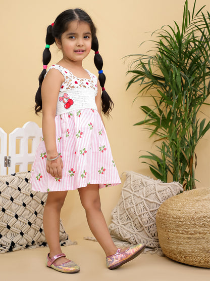 Cuddly Cubs Girls Pink Striped Dress with Handcrafted Crochet Bodice and Cherries