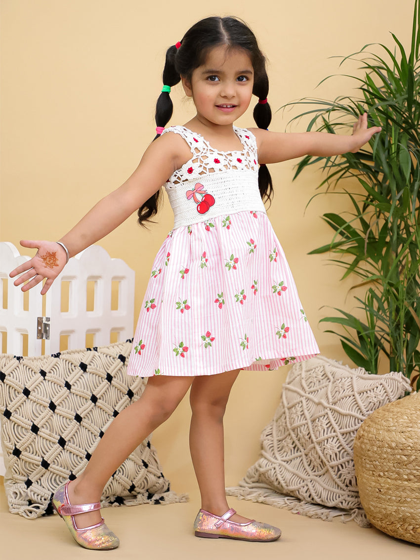 Cuddly Cubs Girls Pink Striped Dress with Handcrafted Crochet Bodice and Cherries