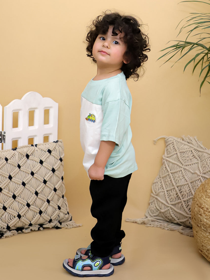 Cuddly Cubs Chook Chook Train Patch Tee – Mint & White Supima Cotton Loose Fit T-Shirt