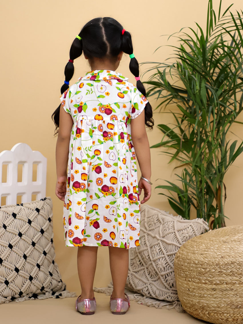 Cuddly Cubs Girls Multicolor Fruit Print Cotton Dress with Peter Pan Collar