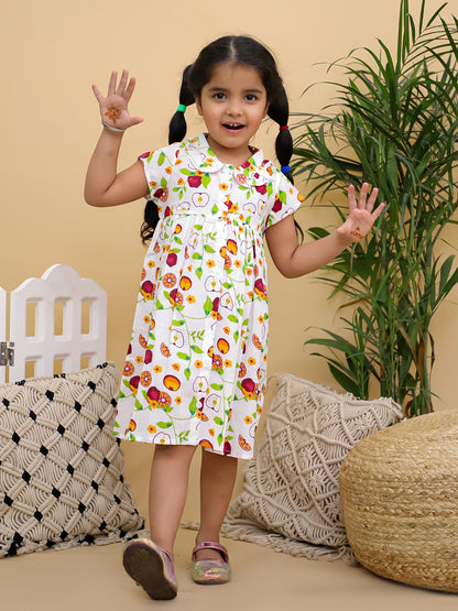Cuddly Cubs Girls Multicolor Fruit Print Cotton Dress with Peter Pan Collar
