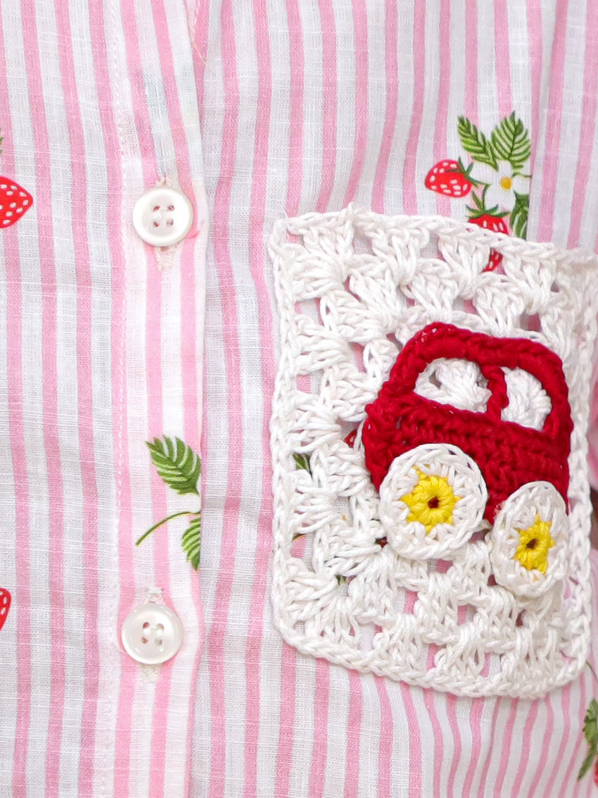 Cuddly Cubs Unisex Pink Striped Cotton Shirt with Handcrafted Crochet Car Patch