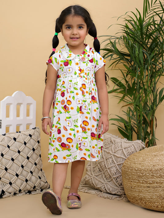 Cuddly Cubs Girls Multicolor Fruit Print Cotton Dress with Peter Pan Collar