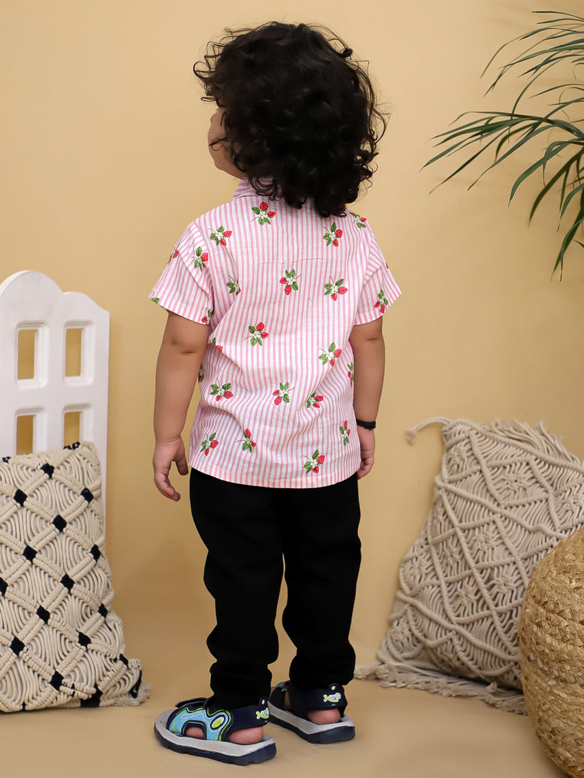 Cuddly Cubs Unisex Pink Striped Cotton Shirt with Handcrafted Crochet Car Patch