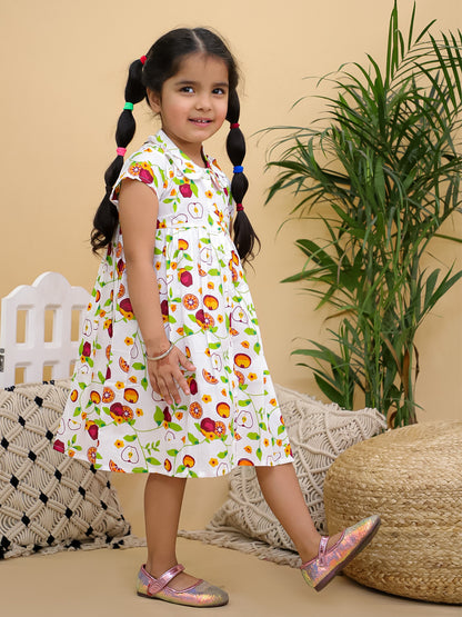 Cuddly Cubs Girls Multicolor Fruit Print Cotton Dress with Peter Pan Collar