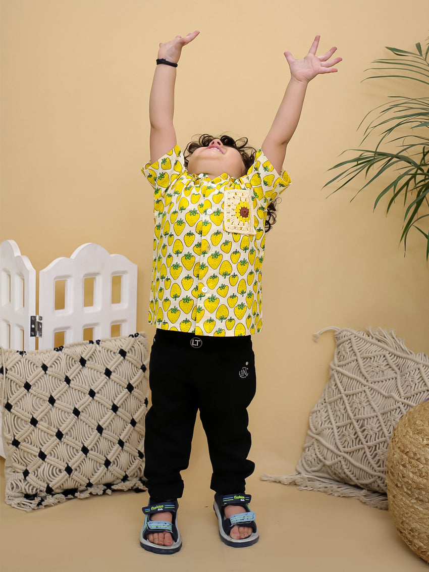 Cuddly Cubs Boys Yellow Strawberry Print Cotton Shirt with Handcrafted Crochet Sunflower Patch