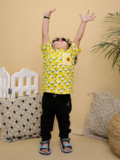 Cuddly Cubs Boys Yellow Strawberry Print Cotton Shirt with Handcrafted Crochet Sunflower Patch