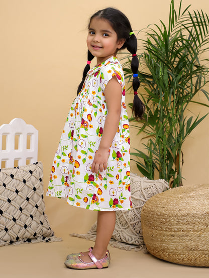 Cuddly Cubs Girls Multicolor Fruit Print Cotton Dress with Peter Pan Collar