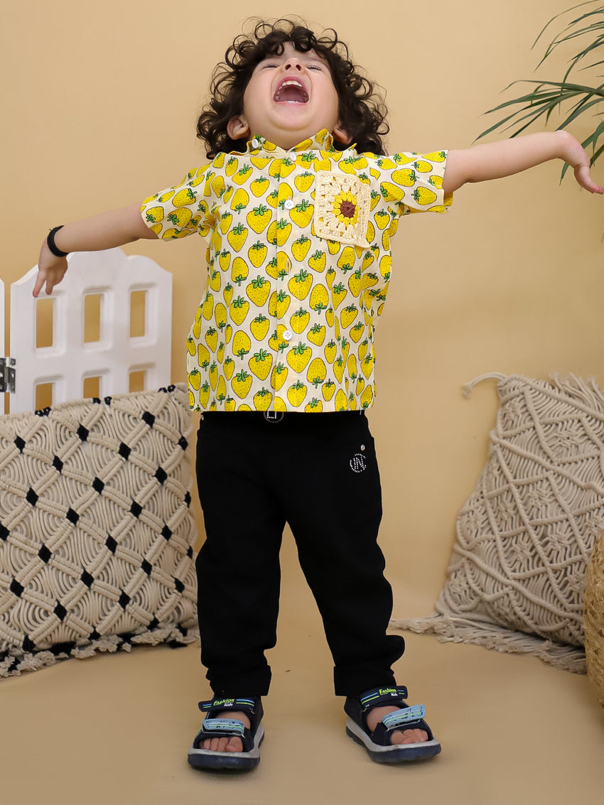 Cuddly Cubs Boys Yellow Strawberry Print Cotton Shirt with Handcrafted Crochet Sunflower Patch