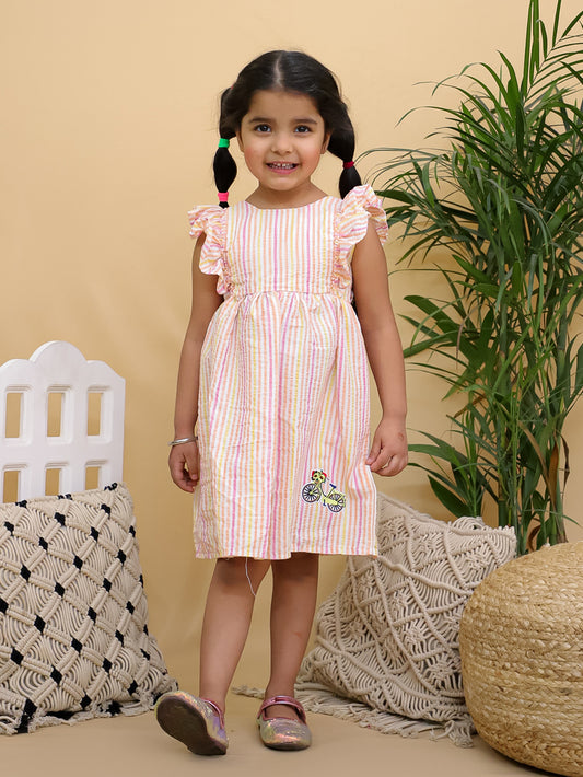 Cuddly Cubs Girls Multicolor Striped Flutter Sleeve Dress with Bicycle Patch