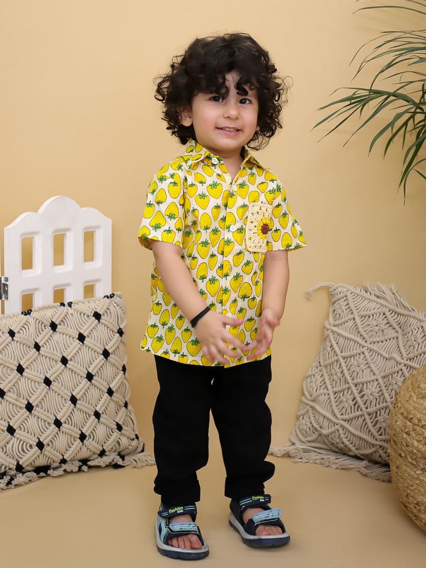 Cuddly Cubs Boys Yellow Strawberry Print Cotton Shirt with Handcrafted Crochet Sunflower Patch