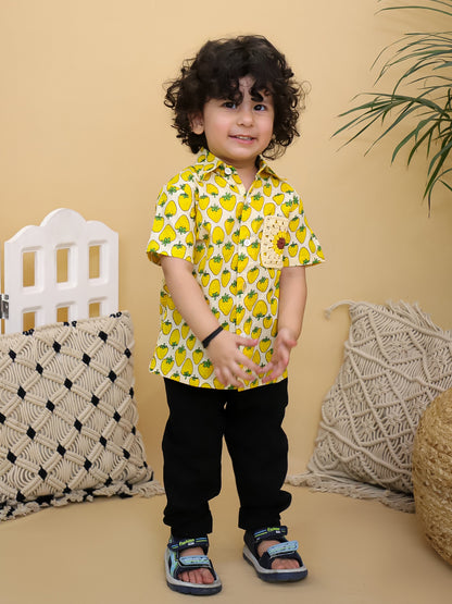 Cuddly Cubs Boys Yellow Strawberry Print Cotton Shirt with Handcrafted Crochet Sunflower Patch