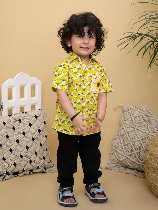 Cuddly Cubs Boys Yellow Strawberry Print Cotton Shirt with Handcrafted Crochet Sunflower Patch