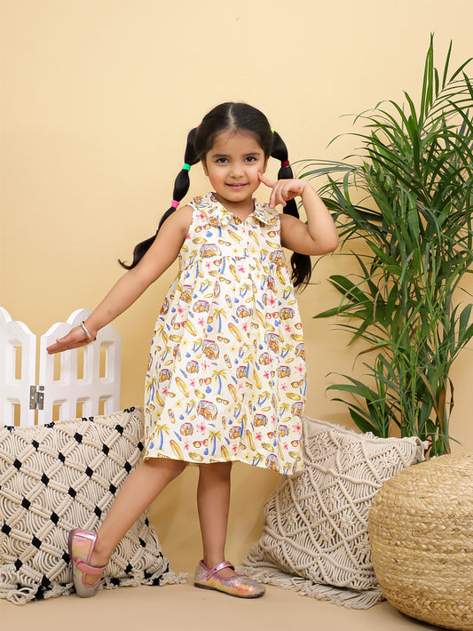 Cuddly Cubs Girls Cream Vacation Print Sleeveless Dress with Peter Pan Collar