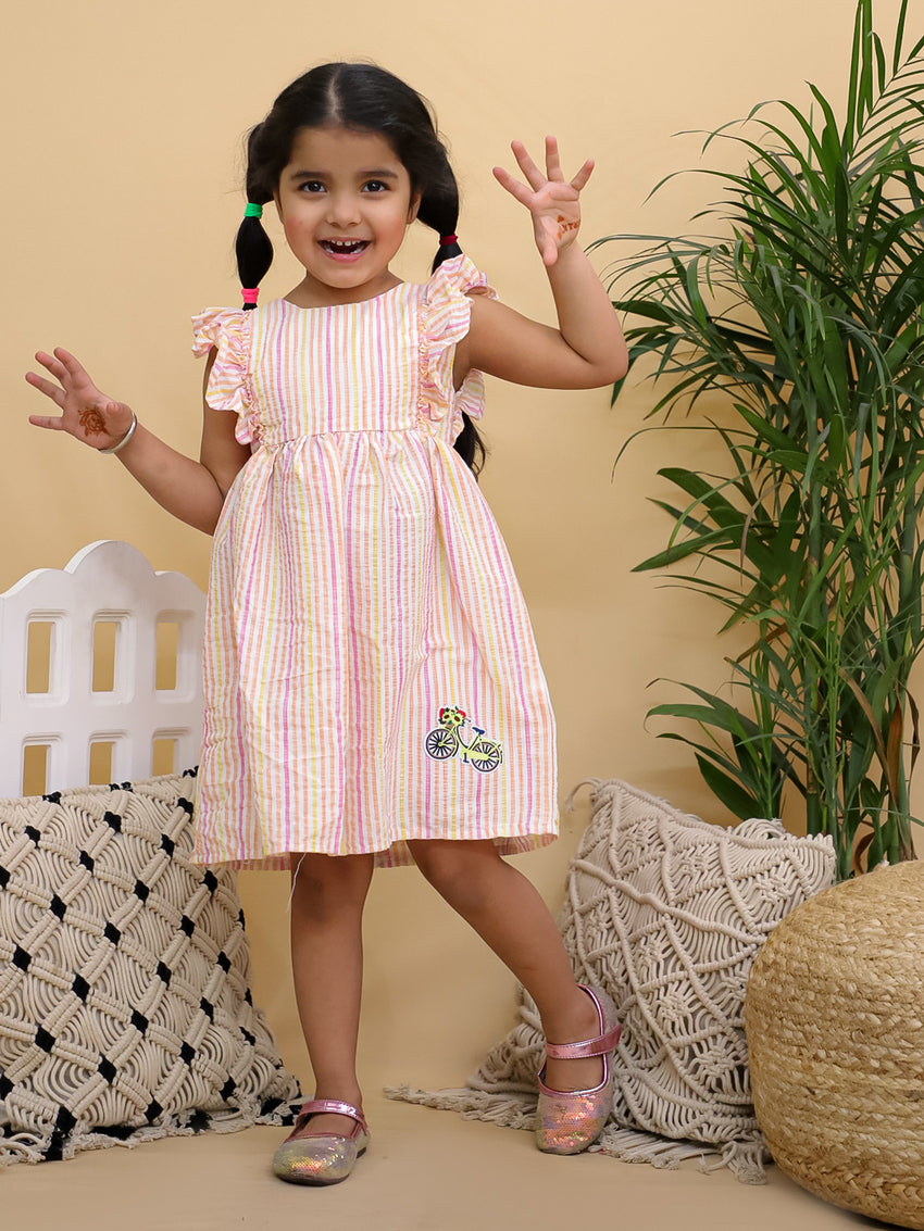 Cuddly Cubs Girls Multicolor Striped Flutter Sleeve Dress with Bicycle Patch