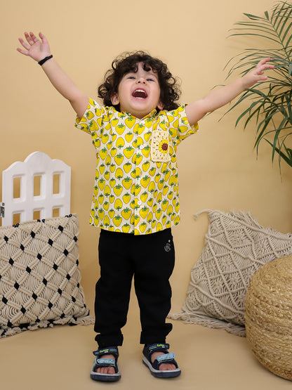 Cuddly Cubs Boys Yellow Strawberry Print Cotton Shirt with Handcrafted Crochet Sunflower Patch