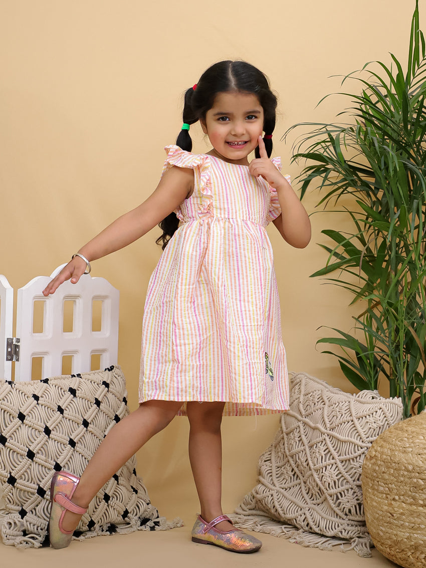 Cuddly Cubs Girls Multicolor Striped Flutter Sleeve Dress with Bicycle Patch