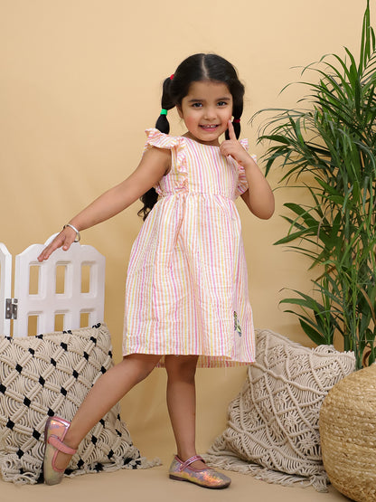 Cuddly Cubs Girls Multicolor Striped Flutter Sleeve Dress with Bicycle Patch