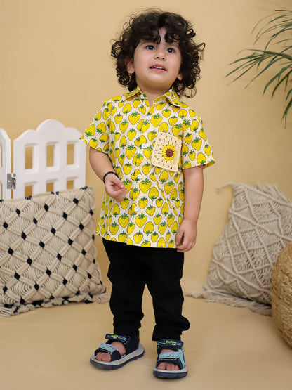 Cuddly Cubs Boys Yellow Strawberry Print Cotton Shirt with Handcrafted Crochet Sunflower Patch