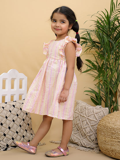 Cuddly Cubs Girls Multicolor Striped Flutter Sleeve Dress with Bicycle Patch