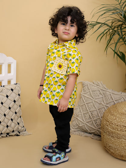Cuddly Cubs Boys Yellow Strawberry Print Cotton Shirt with Handcrafted Crochet Sunflower Patch
