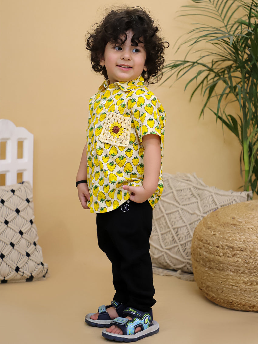 Cuddly Cubs Boys Yellow Strawberry Print Cotton Shirt with Handcrafted Crochet Sunflower Patch