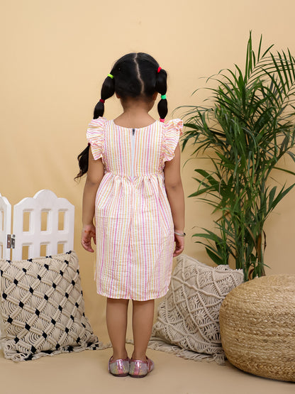 Cuddly Cubs Girls Multicolor Striped Flutter Sleeve Dress with Bicycle Patch