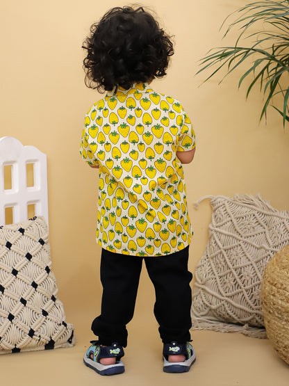 Cuddly Cubs Boys Yellow Strawberry Print Cotton Shirt with Handcrafted Crochet Sunflower Patch