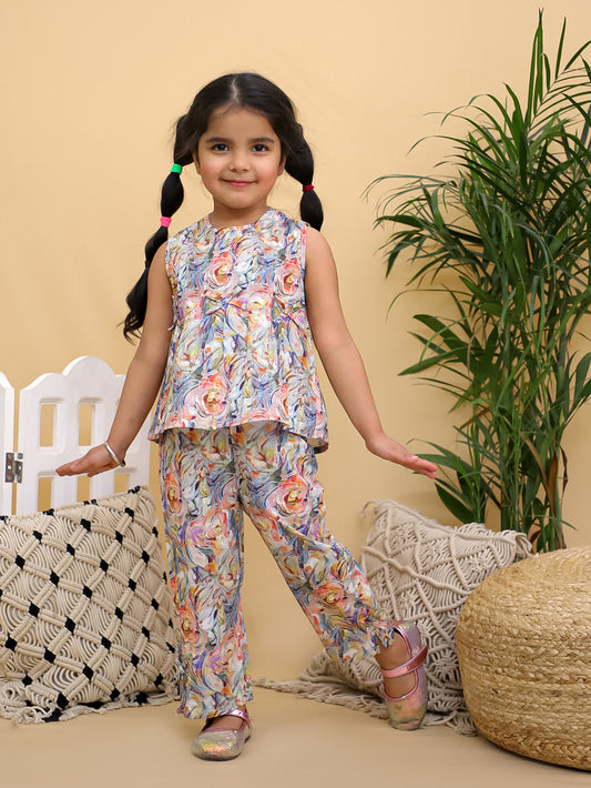 Cuddly Cubs Girls Multicolor Floral Print Sleeveless Top and Trousers Co-ord Set