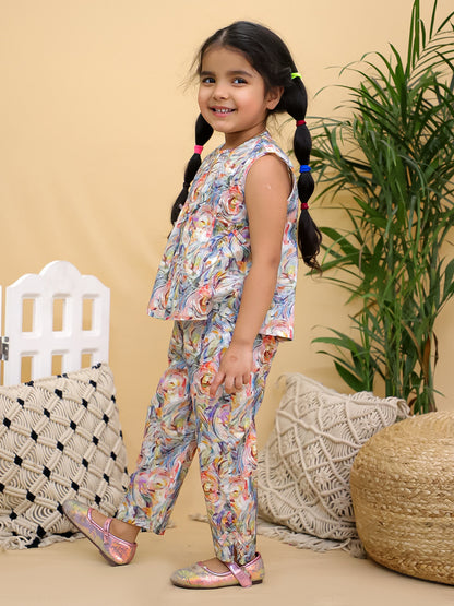 Cuddly Cubs Girls Multicolor Floral Print Sleeveless Top and Trousers Co-ord Set
