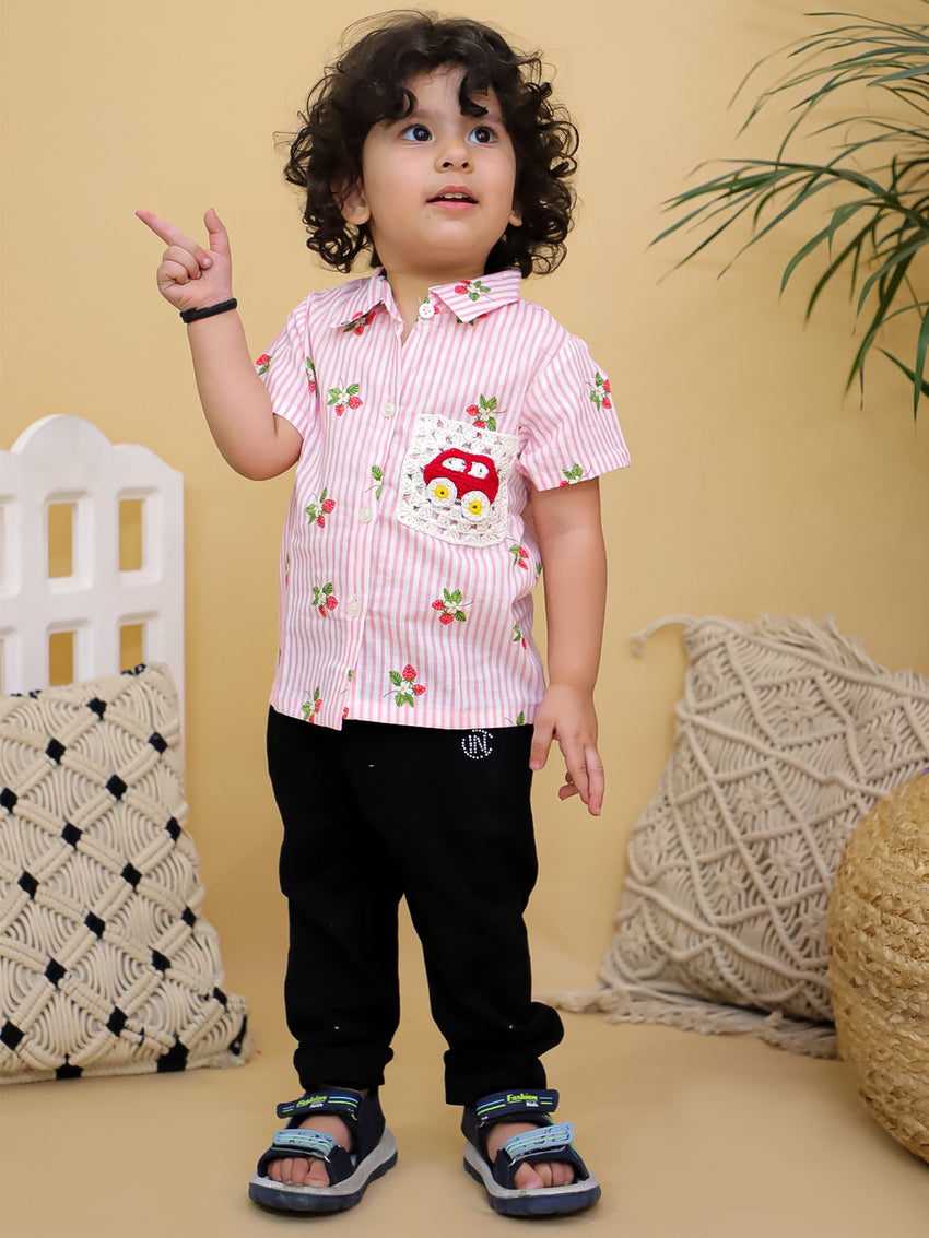 Cuddly Cubs Unisex Pink Striped Cotton Shirt with Handcrafted Crochet Car Patch