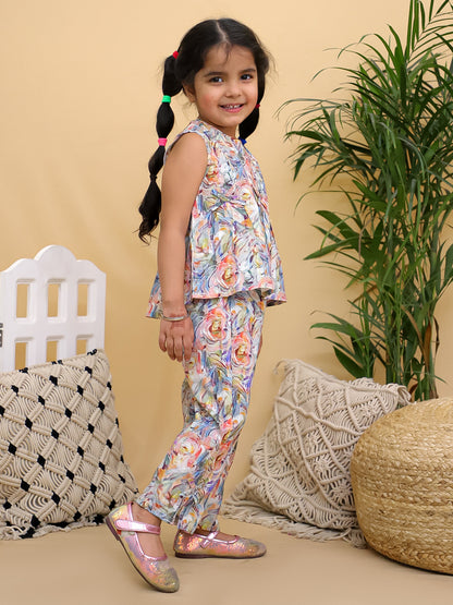 Cuddly Cubs Girls Multicolor Floral Print Sleeveless Top and Trousers Co-ord Set