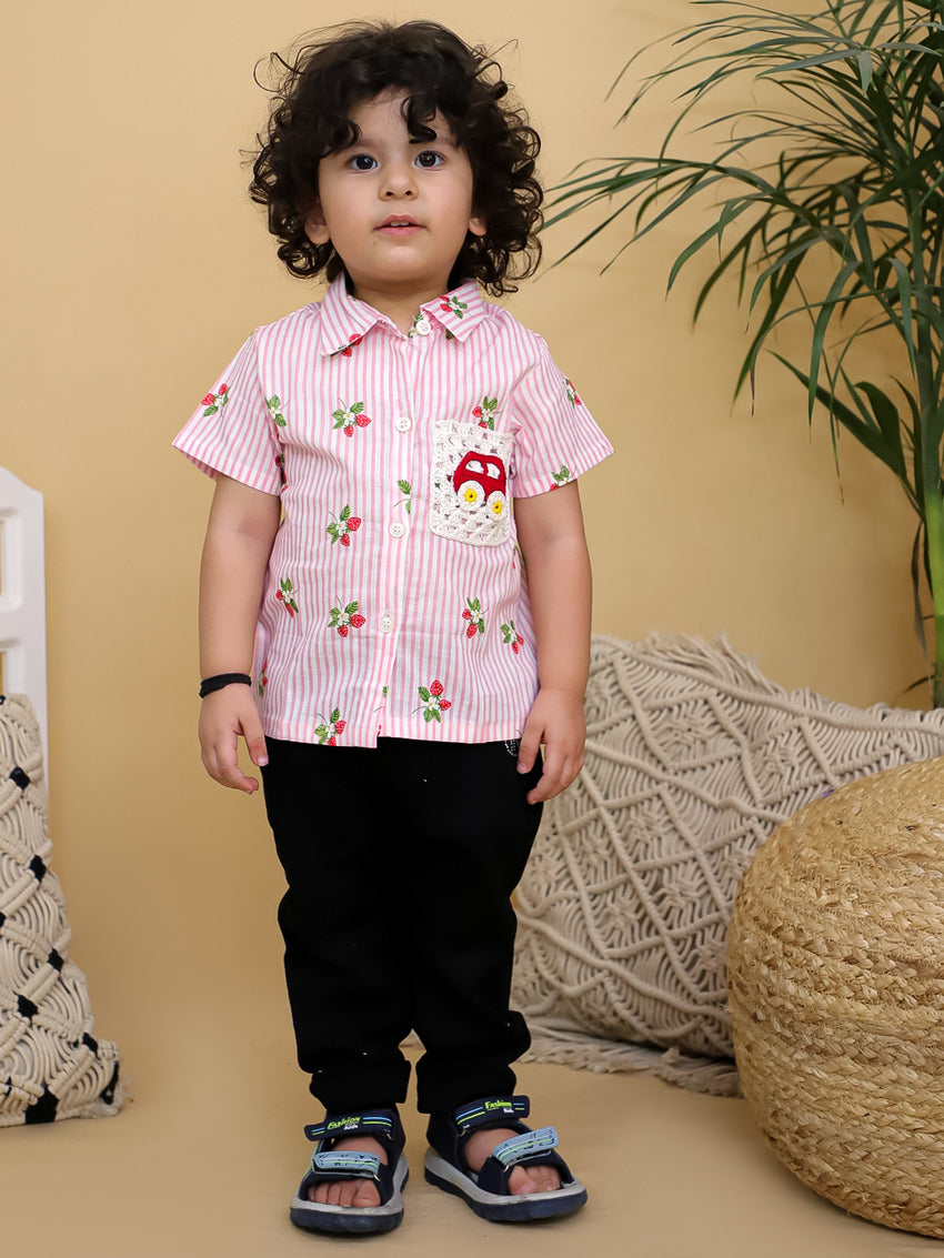 Cuddly Cubs Unisex Pink Striped Cotton Shirt with Handcrafted Crochet Car Patch