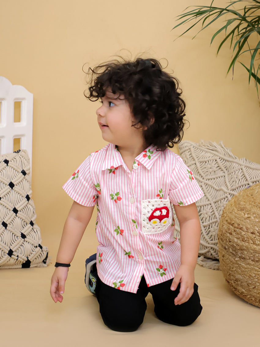 Cuddly Cubs Unisex Pink Striped Cotton Shirt with Handcrafted Crochet Car Patch